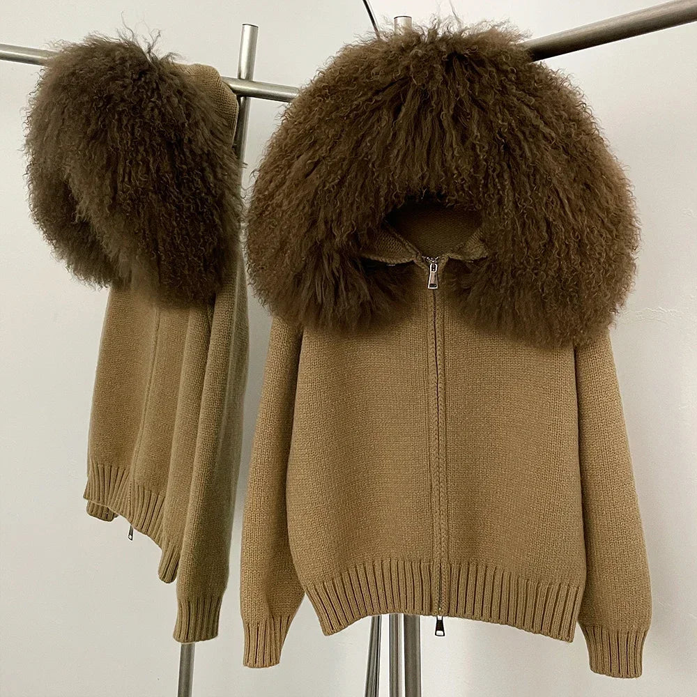 Cardigan Natural Fox Fur Coat Women Real Mongolian Fur Knitwear Female