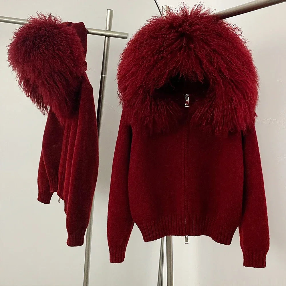 Cardigan Natural Fox Fur Coat Women Real Mongolian Fur Knitwear Female